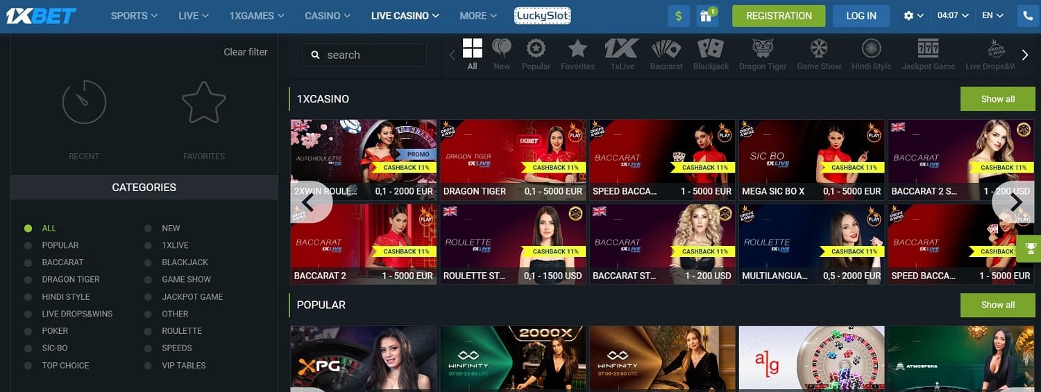 1x bet live casino