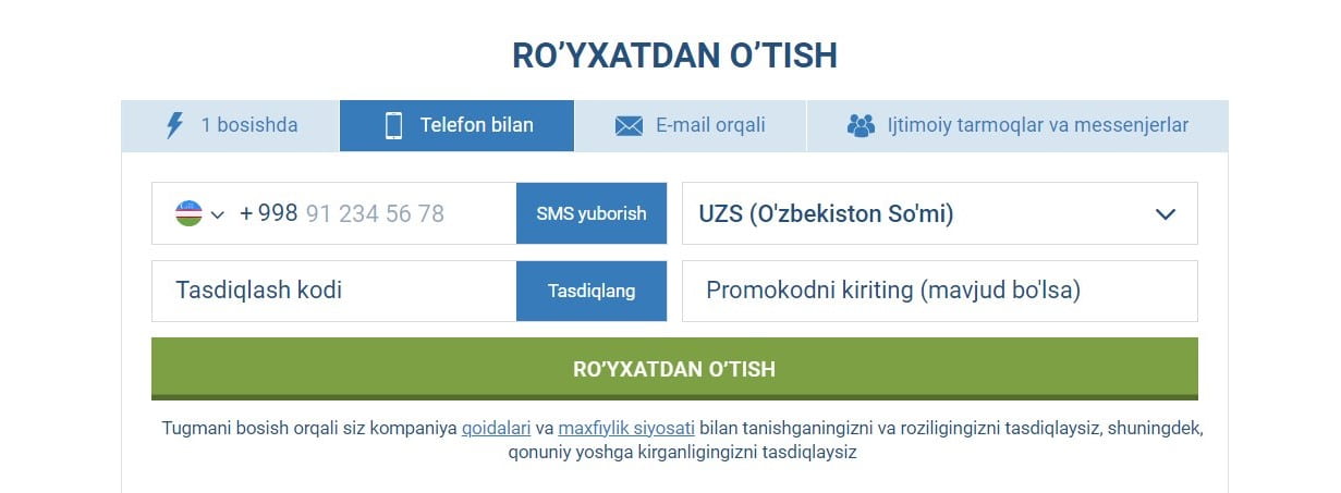 1xbet registratsiya qilish