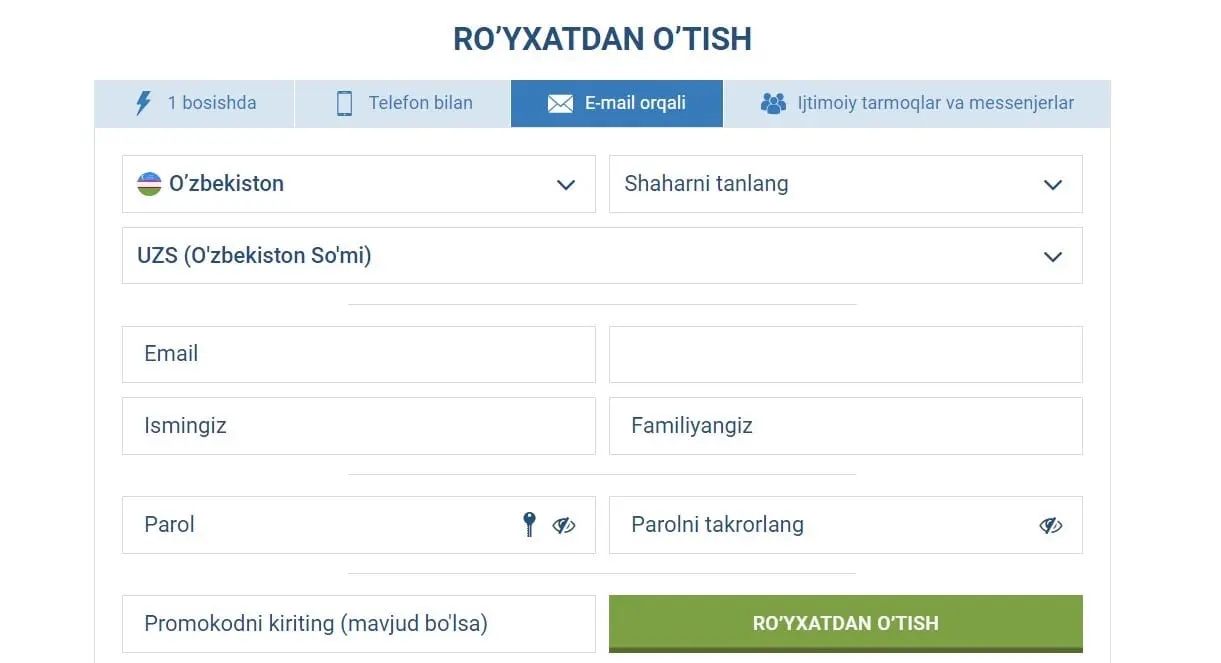 1xbet ro'yxatdan o'tish