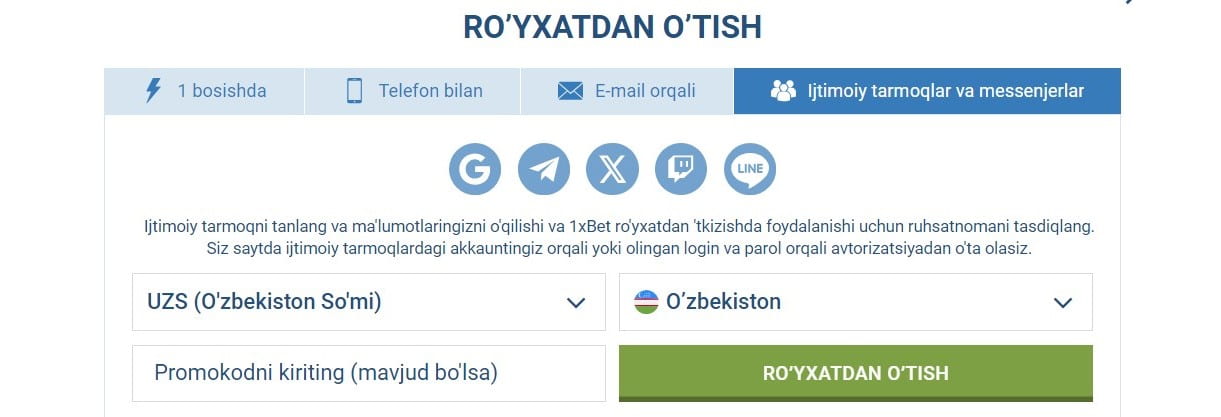 o'yxatdan o'tish 1xbet